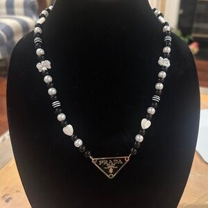 Handmade Repurposed Prada Charm Necklace Black White Coquette Y2K